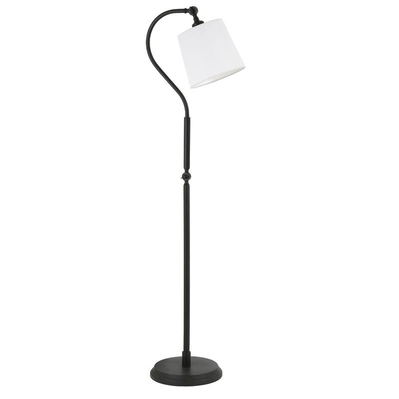 57" Black Arched Floor Lamp with White Drum Shade and Frosted Glass Foot Switch, Linen Fabric - 57" H x 12" W x 12" D