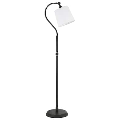57" Black Arched Floor Lamp with White Drum Shade and Frosted Glass Foot Switch, Linen Fabric - 57" H x 12" W x 12" D