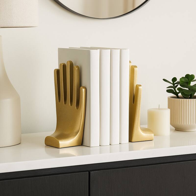 Decorative Metal Hand Bookends for Bookshelf Decor - 7", Gold - 7.0" - Gold/ Metallic - 7.0"