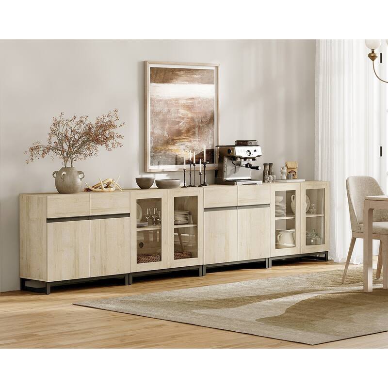 Modern Sideboard with Adjustable Shelves, 4 in 1 Storage Cabinet with Glass Doors, Coffee Bar Cabinet for Kitchen - 126 inches - Beige