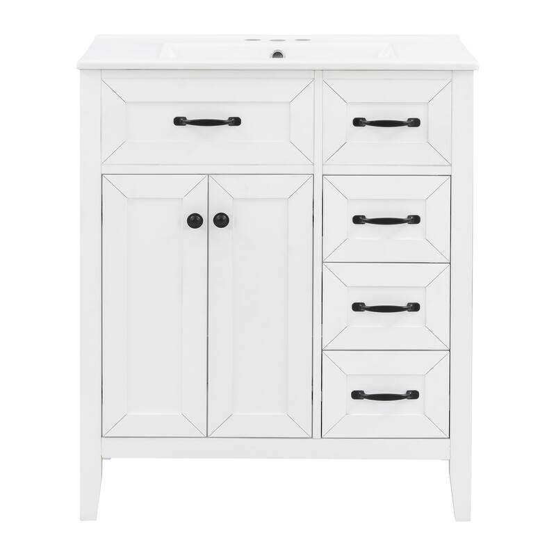 30" White Freestanding Bathroom Vanity with Ceramic Sink and Black Hardware