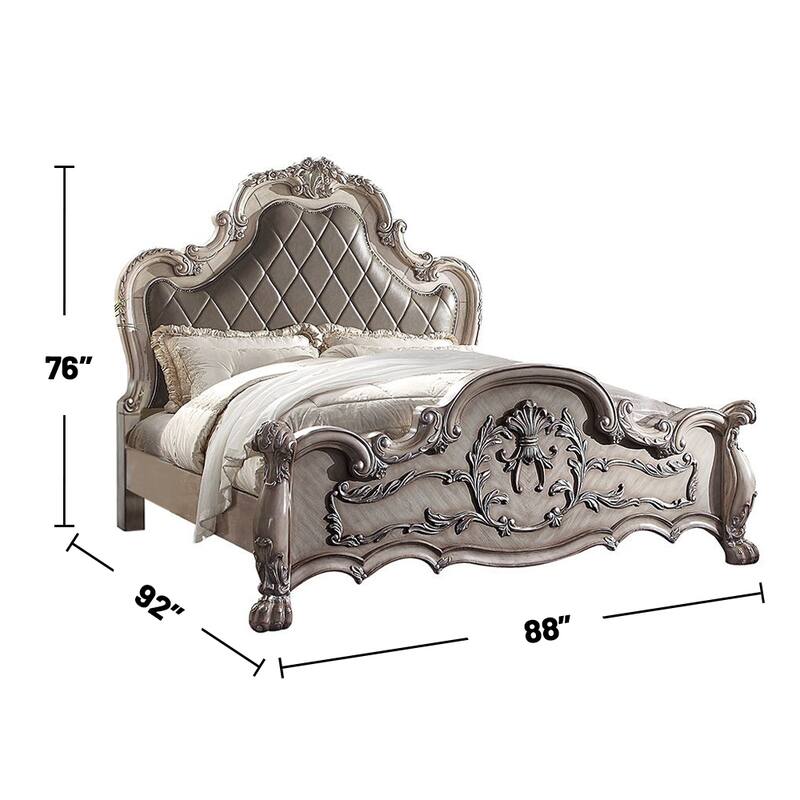 Faux Leather Eastern King Bed with Nailhead Trim in Vintage Bone White
