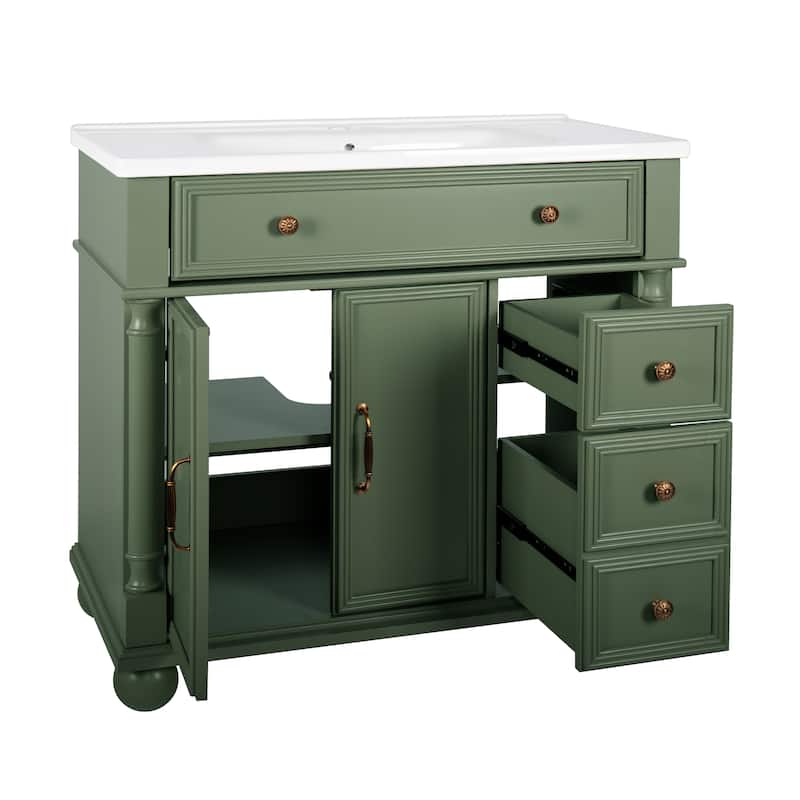 28"/36" Bathroom Vanity with Sink, Integrated Ceramic Basin Vanity Cabinet with Roman Column Base, Solid Wood Frame