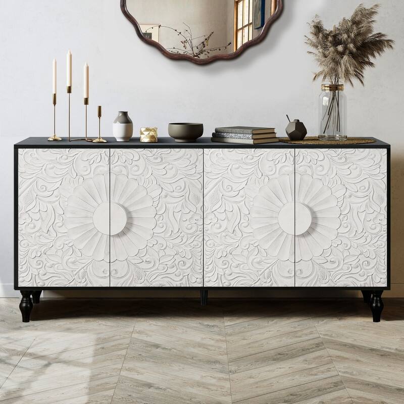 Sideboard Storage Cabinet with Carved Flower Door Handle,Antique Console Table