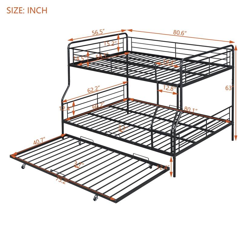 Modern Full XL Over Queen Metal Bunk Bed with Twin Size Trundle