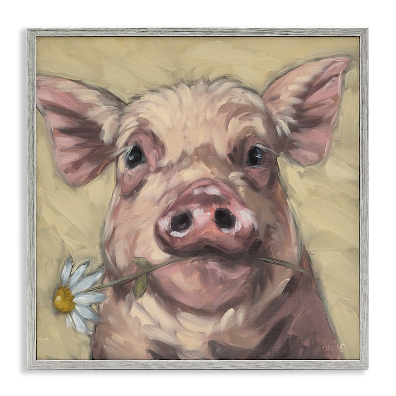 Stupell Pig Holding Daisy Sprig Framed Giclee Art Design By Sara G. Designs - 24 x 24 - Grey