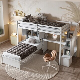 Twin over Twin Bunk and Loft Bed with Desk, Staircase, Compartments and Shelves