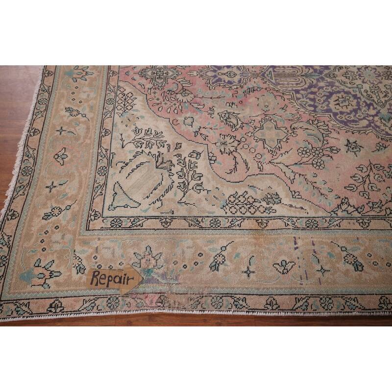Pink Tabriz Vintage Persian Area Rug Handmade Wool Carpet - 6'9" x 9'3"