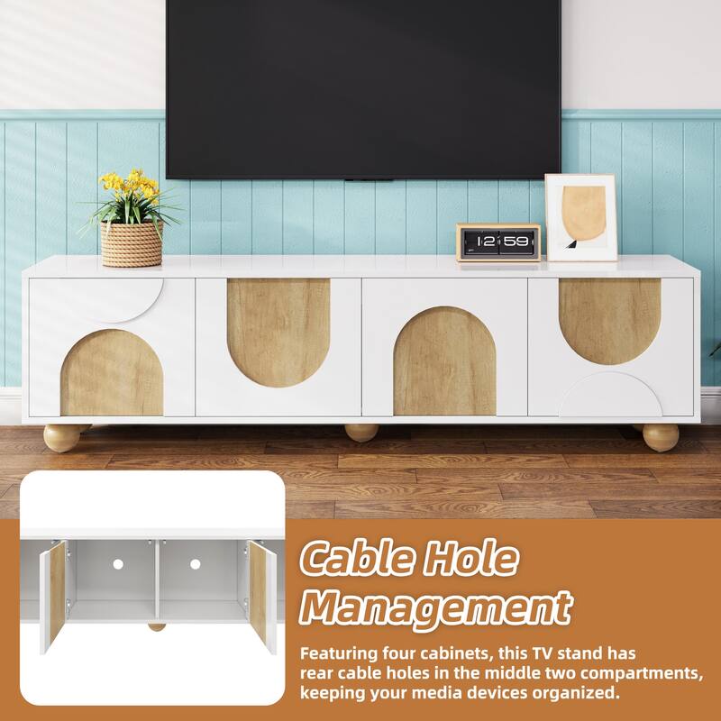 Farmhouse-Style TV Stand with 4 Cabinets, Cable Holes and Spring-loaded Mechanism, for Living Rooms and Bedrooms, White