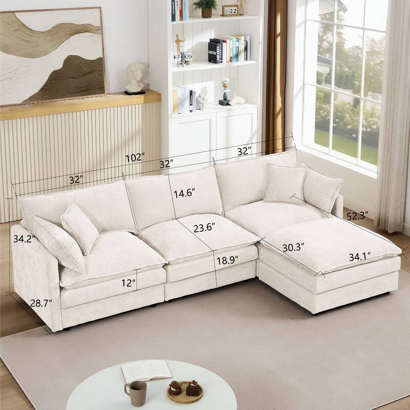 L Shaped Modular Sectional Sofa with Ottoman, Comfy Chenille Upholstered Cloud Couch, 4-Seat Deep Seat Sofa with Pillow