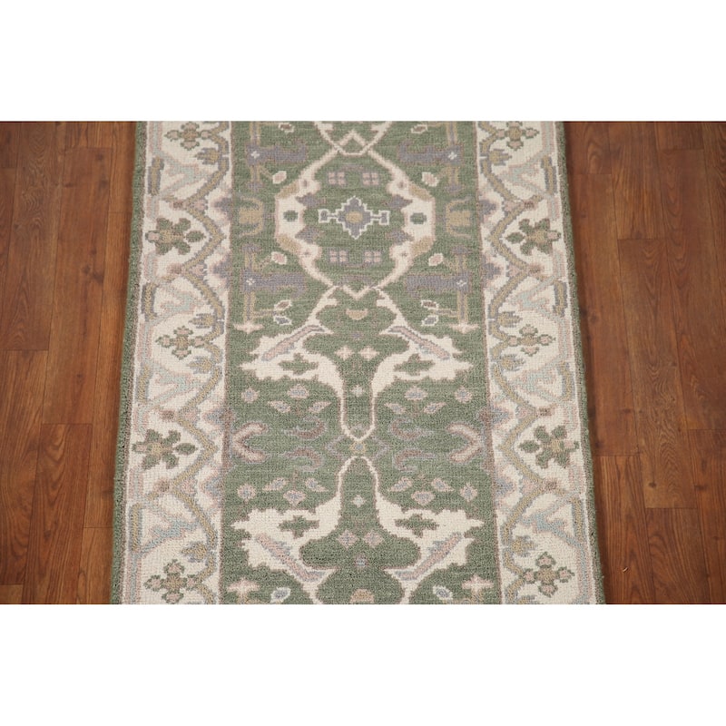 Green Oushak Style Runner Rug Hand-knotted Wool Carpet - 2'7"x 10'0"