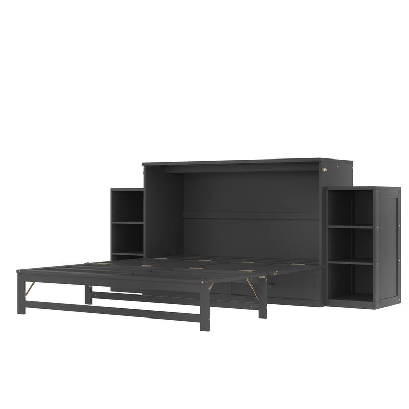 Foldable Wall Cabinet Queen Murphy Bed with Drawers and Open Shelves
