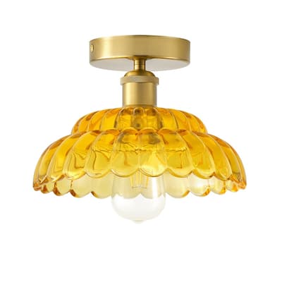 Vintage Amber Glass Flush Mount Ceiling Light Gold Finish for Bedroom Living Room Entryway