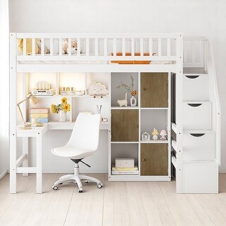 Twin Size Loft Bed with Staircase, L-Shaped Desk bed, LED Lights, Shelves & Cabinets, Space-Saving Workstation Bed Frame