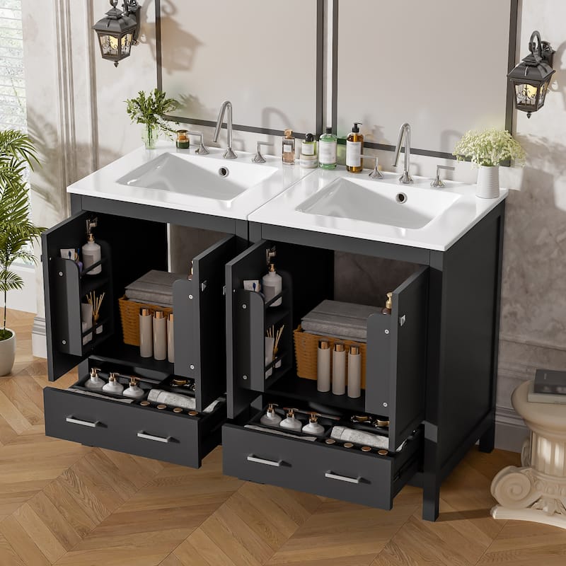 GDFStudio - Transitional Double Bathroom Vanity Set, Dual Undermount Sink, Soft-Close Doors & Double-Layer Door Shelf, Set of 2