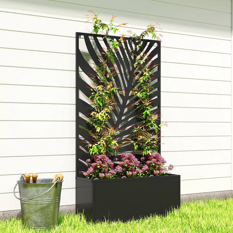 Outsunny Metal Raised Garden Bed with Trellis for Climbing Plants, Freestanding or Wall Mounted Flower Bed with Privacy Panel