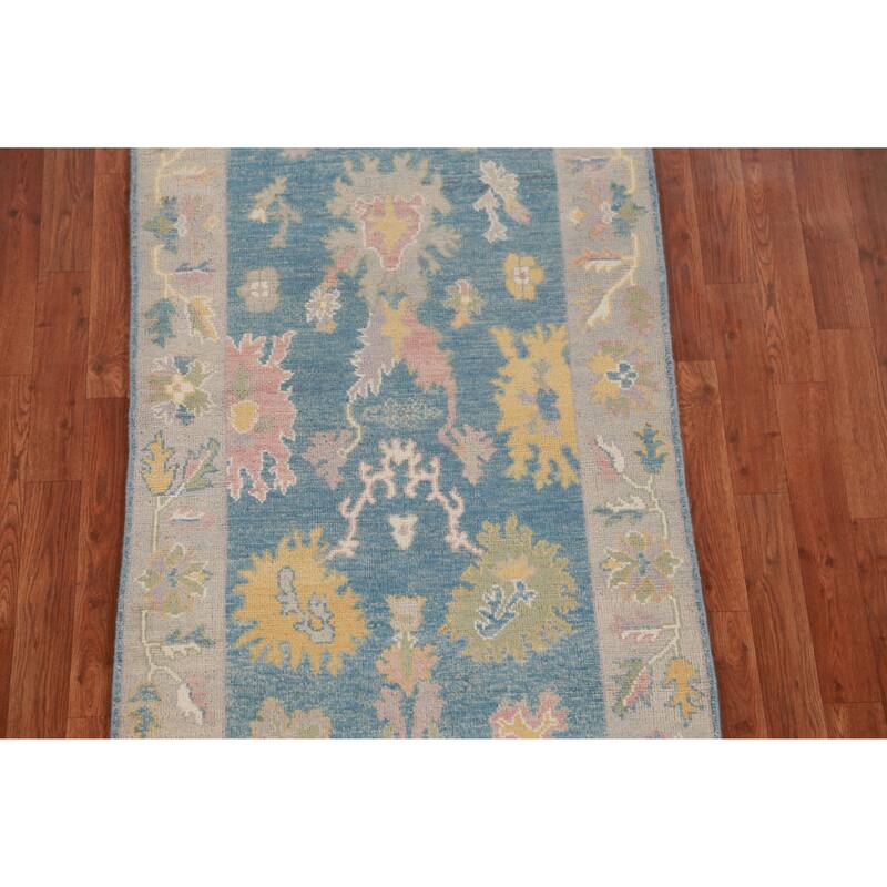Hand Knotted Oriental 100% Wool Carpet Transitional Floral Navy Blue & Blues Oushak Runner Rug - 11' 7'' X 2' 10''