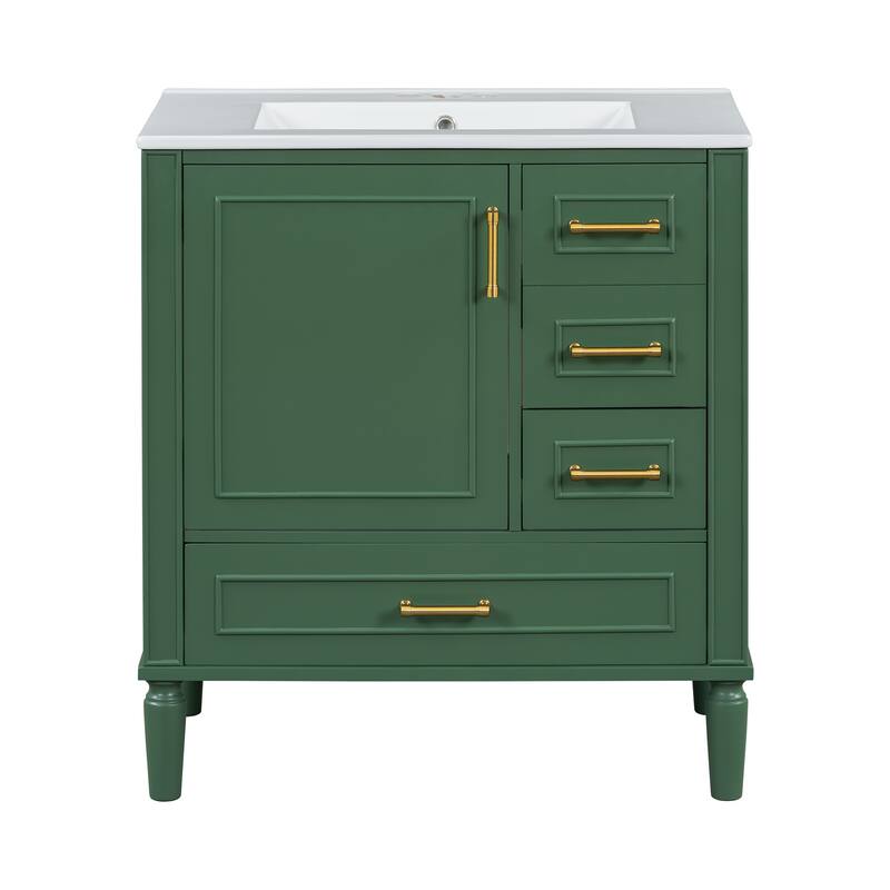 30" Center Rectangular Ceramic Sink Bathroom Vanity Cabinet with Drawers