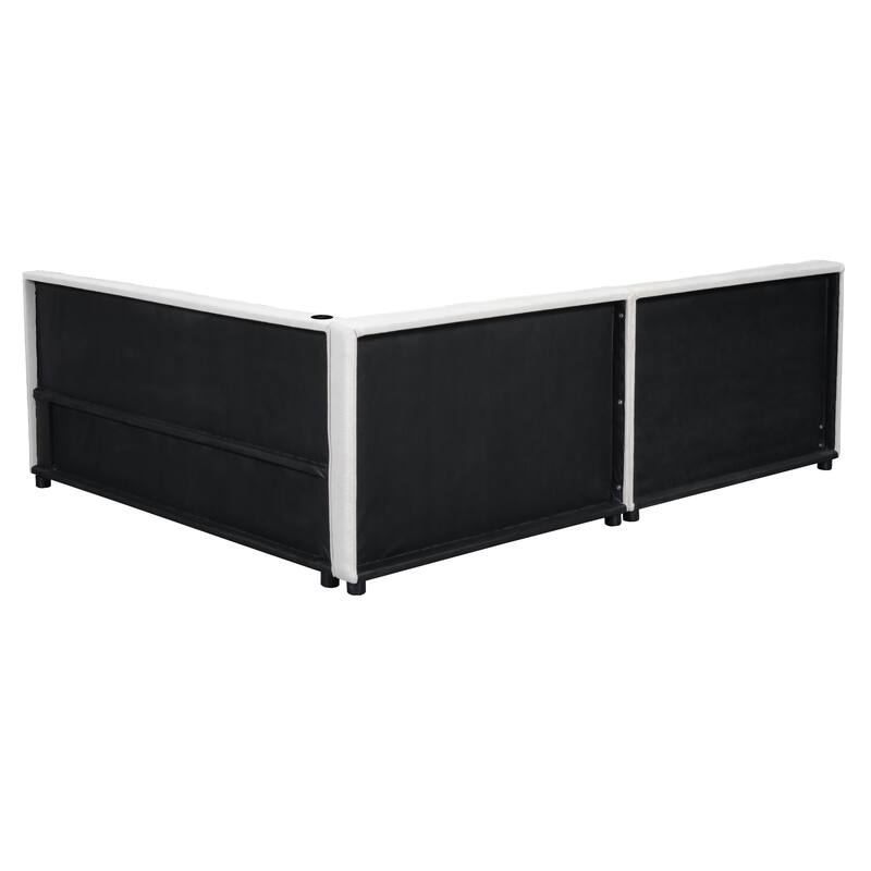 White Full Linen Low Platform Bed Frame with USB Ports and Semi-enclosed Design