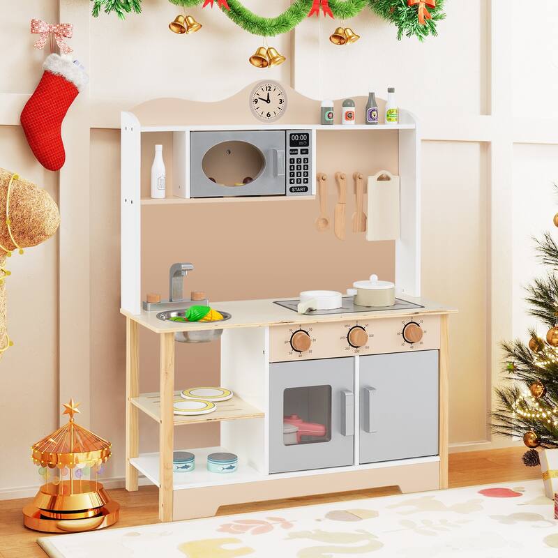 Gymax Wooden Play Kitchen for Kids Cooking Toy Playset w/ Microwave