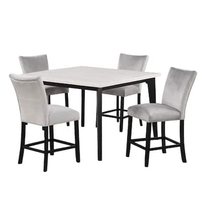 5 Piece Square Counter Height Dining Set with Faux Marble Top in Black and White
