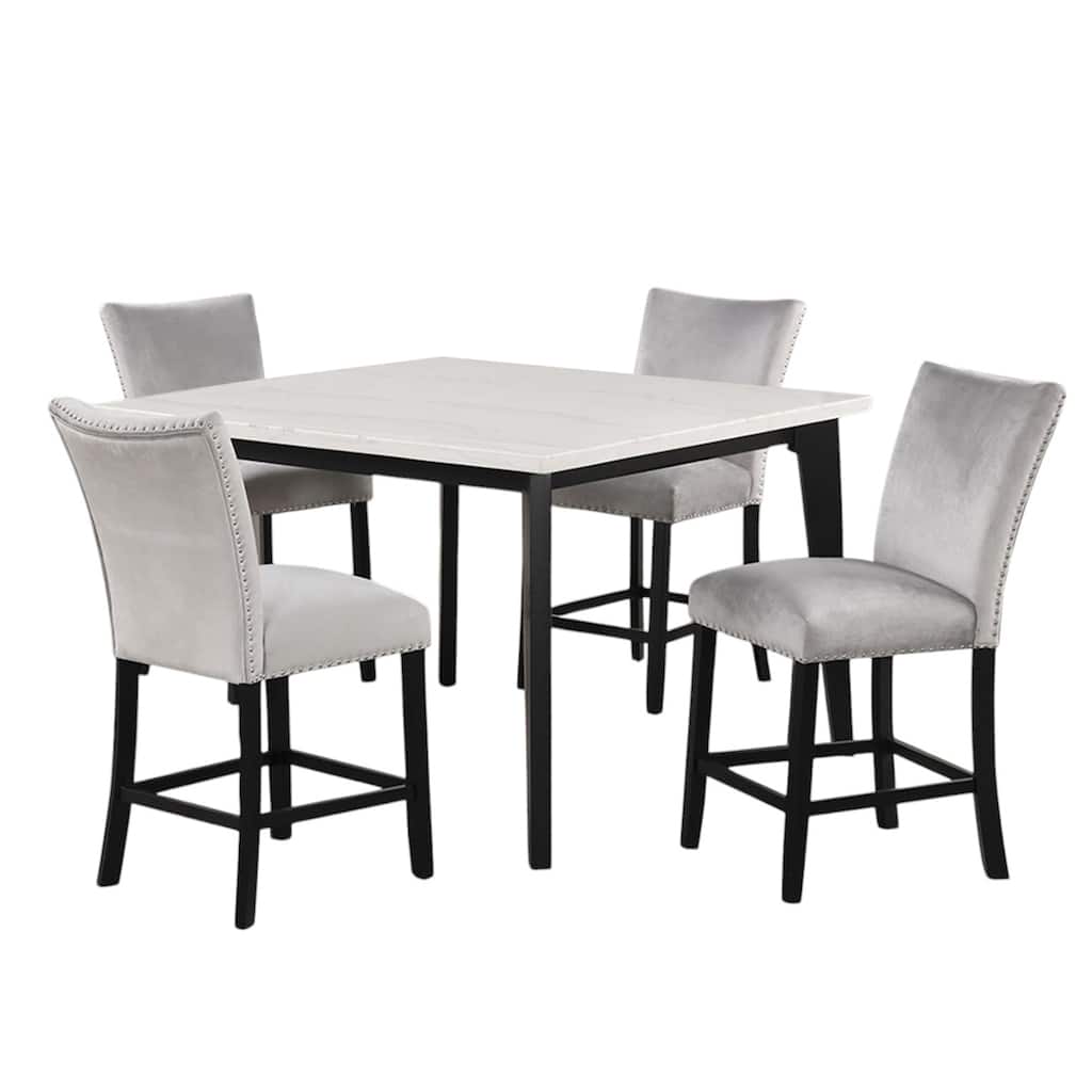 5 Piece Square Counter Height Dining Set with Faux Marble Top in Black and White
