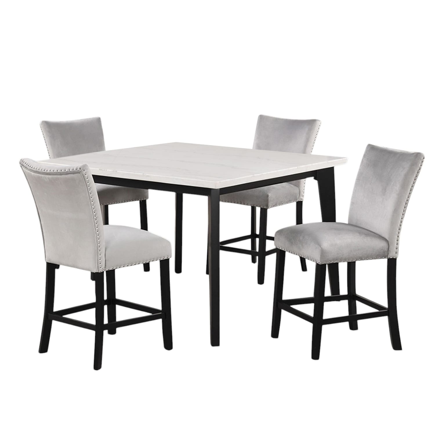 5 Piece Square Counter Height Dining Set with Faux Marble Top in Black and White
