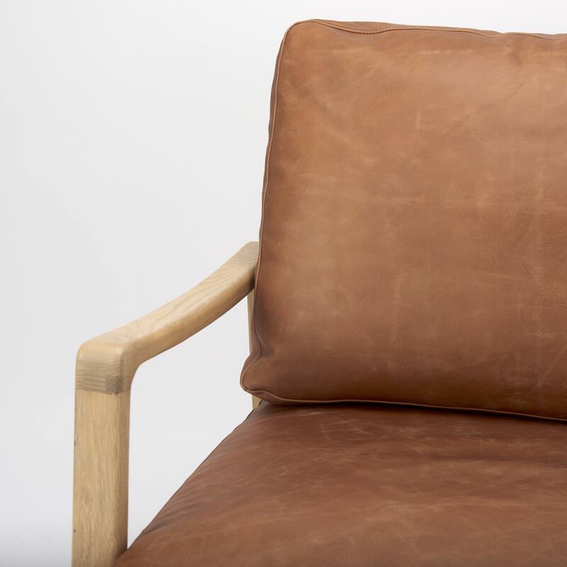 Raeleigh Cognac Brown Genuine Leather w/ Light Brown Solid Beechwood Frame Accent Chair - 27.9"W x 34"D x 34.4"H