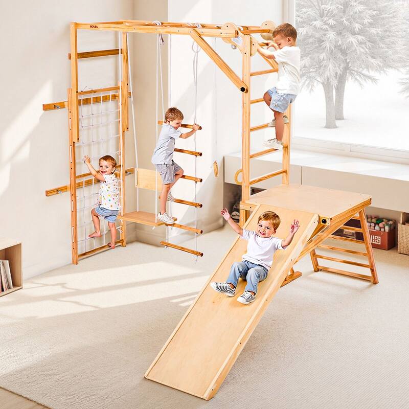 Original Wood 8 in 1 Indoor Playground Jungle Gym for Kids with Extended Slide Swing Climbing Net Monkey Bars - 87.60" x 75.59"