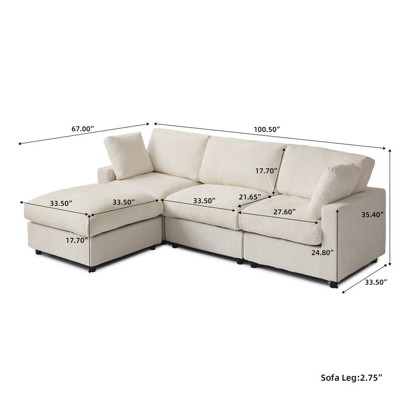 L-shaped Cloud Modular Sectional Sofa Couches with Ottoman for Living Room Down Filled Comfort Minimalist Sectional Couch