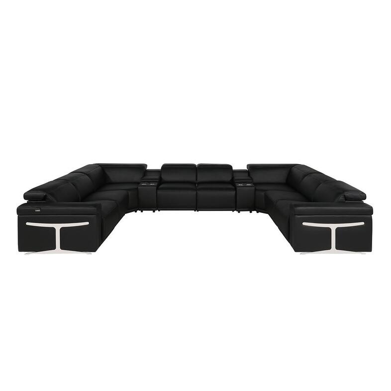 HomeRoots Black Italian Leather Power Reclining U Shaped Ten Piece Corner Sectional With Console