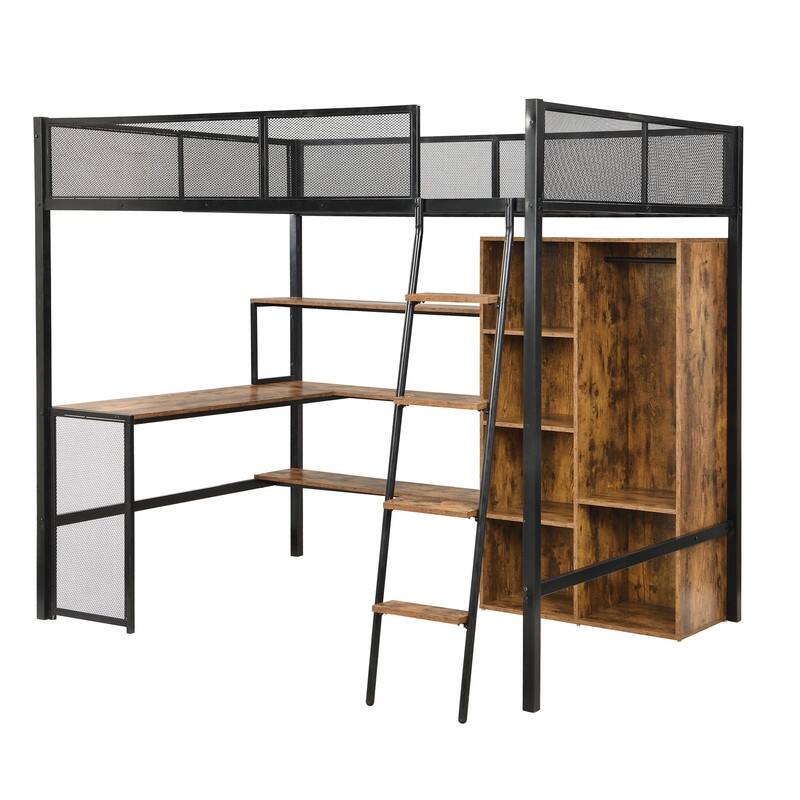 Full Size Multifunctional Metal Loft Bed with Wardrobe and Built-in Desk, Bed Frame with Ladder and Storage Shelves