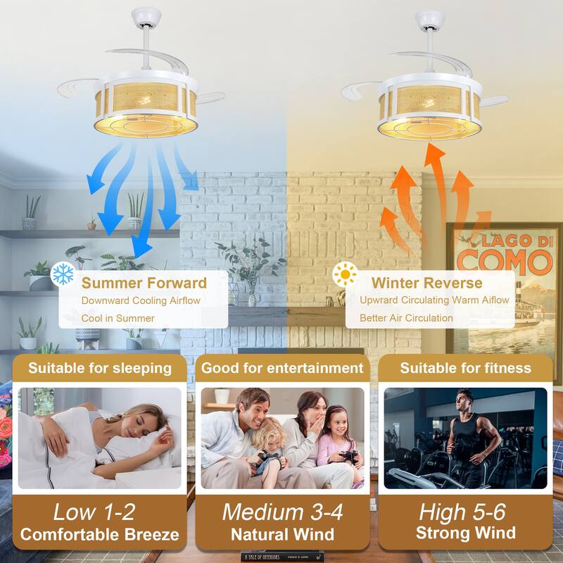 Cusp Barn 42'' Retractable Ceiling Fan with Lights and Remote, Boho Rattan Fandelier, Farmhouse Caged Chandelier Ceiling Fan