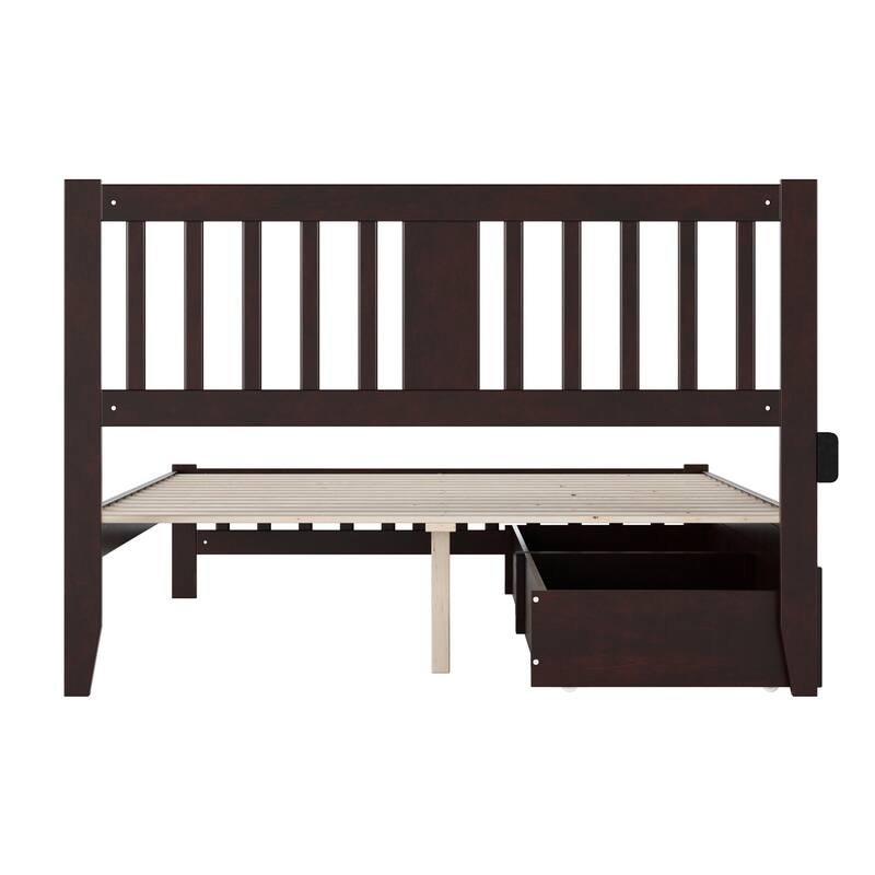 Grey Linen-Look Upholstered Queen Bed Frame with Black Wood Legs and Clean Modern Design