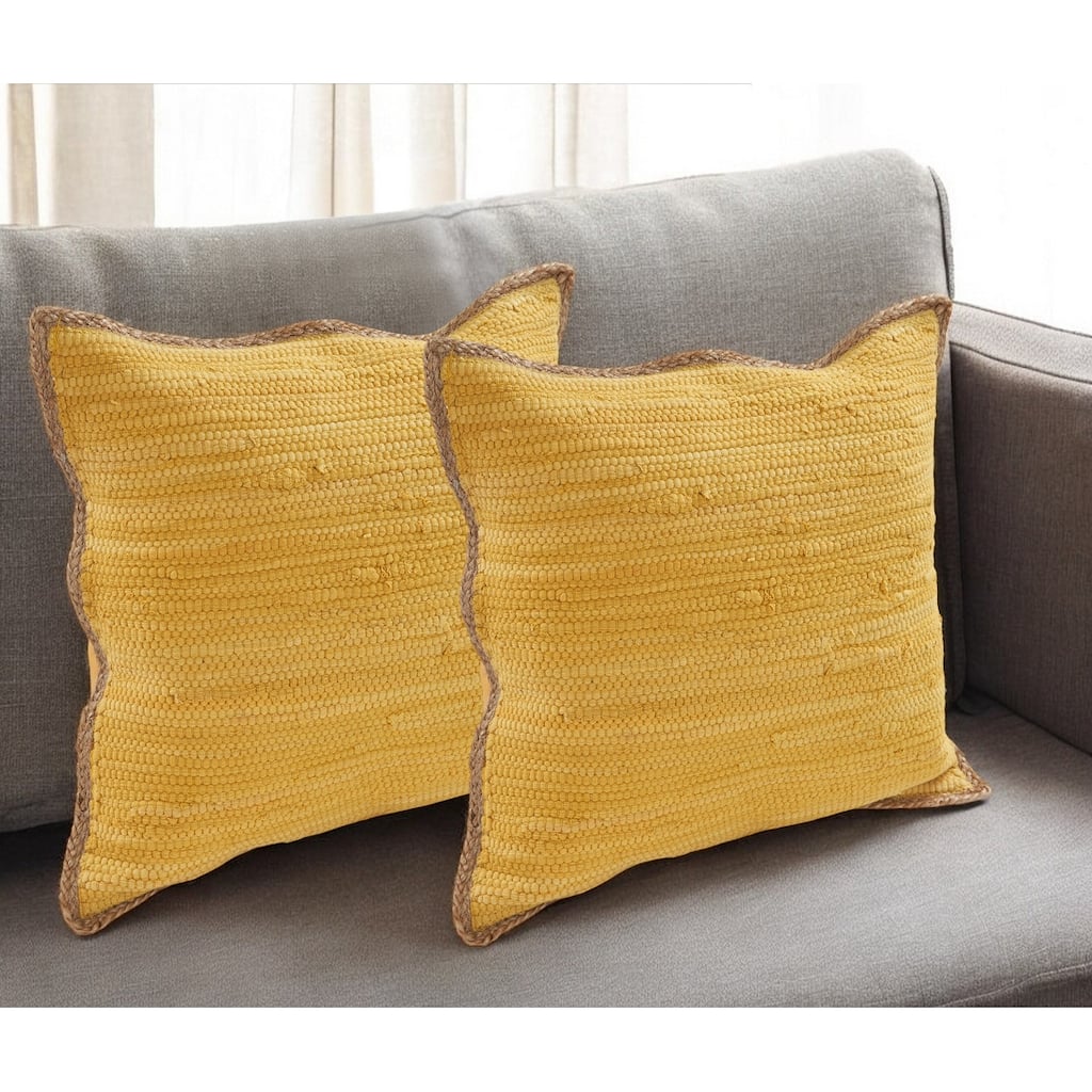 HomeRoots Set of Two 20" Yellow Cotton And Jute Throw Pillows with Texture