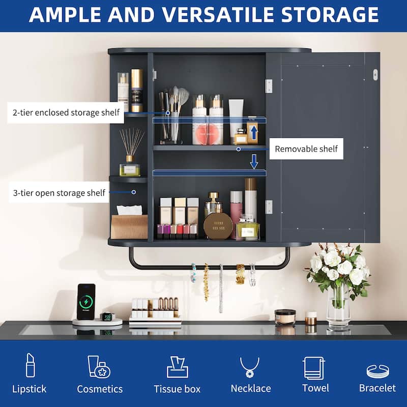 Modern Wall Bathroom Storage Medicine Cabinet with Adjustable Shelves and Towel Rack