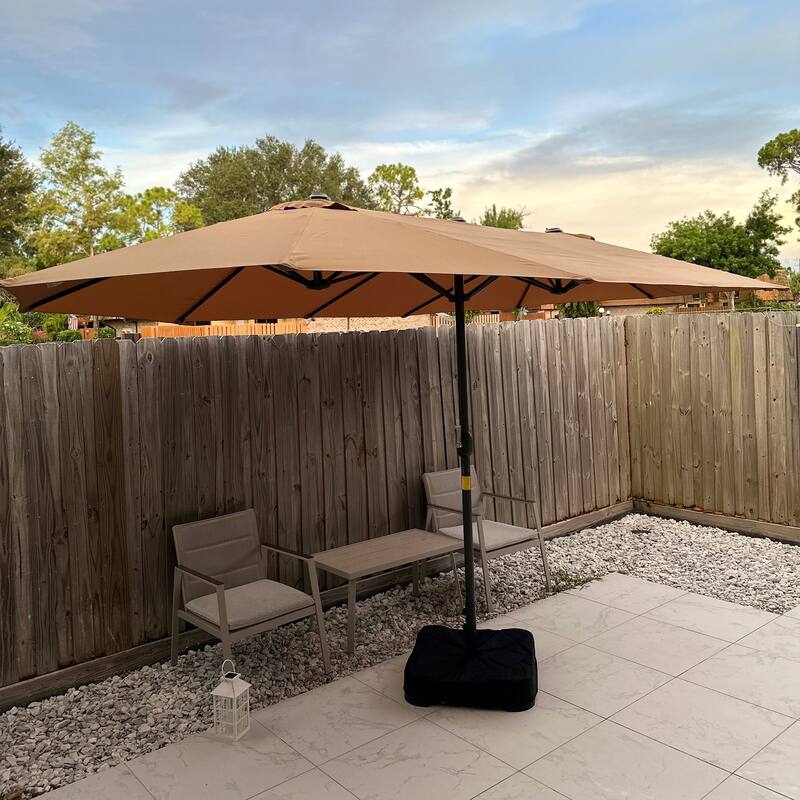 Outsunny Patio Umbrella 15' Steel Rectangular Outdoor Double Sided Market with base, UV Sun Protection & Easy Crank