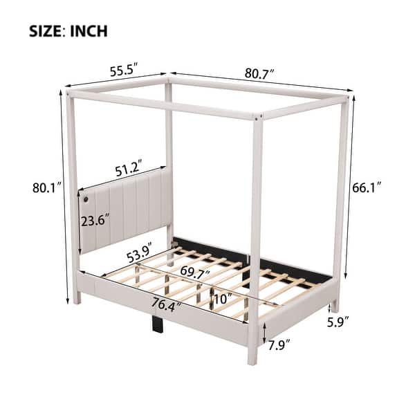 Beige Full Size Canopy Platform Bed with USB & Type-C Ports Upholstered Bed
