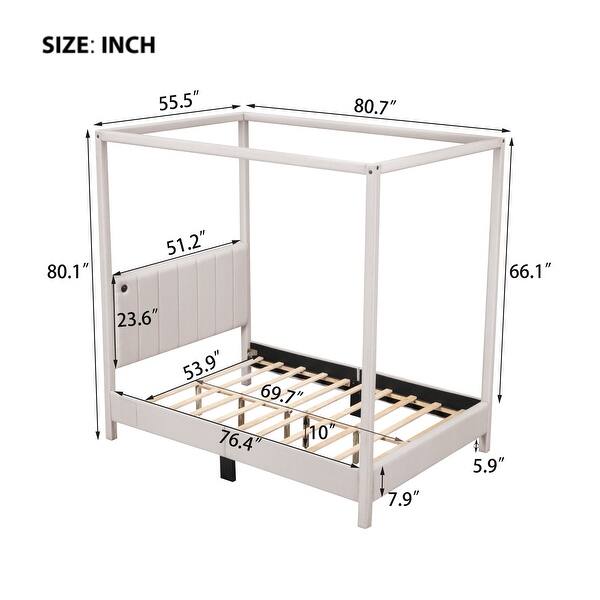 dimension image slide 1 of 4, Canvas-upholstered Canopy Bed - Platform Wingback Bed Frame with USB, Type-C Ports Headboard, 4 Canopy Columns, 2 Sides Pocket