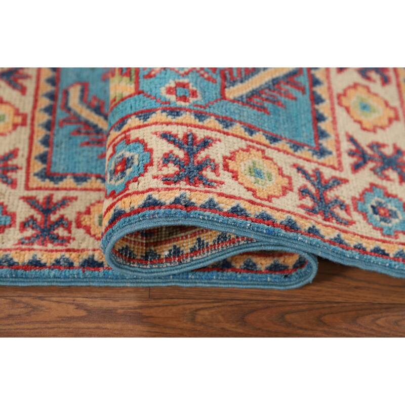 Hand Knotted Oriental 100% Wool Carpet Traditional Geometric Navy Blue & Blues Kazak Area Rug - 3' 0'' X 2' 0''