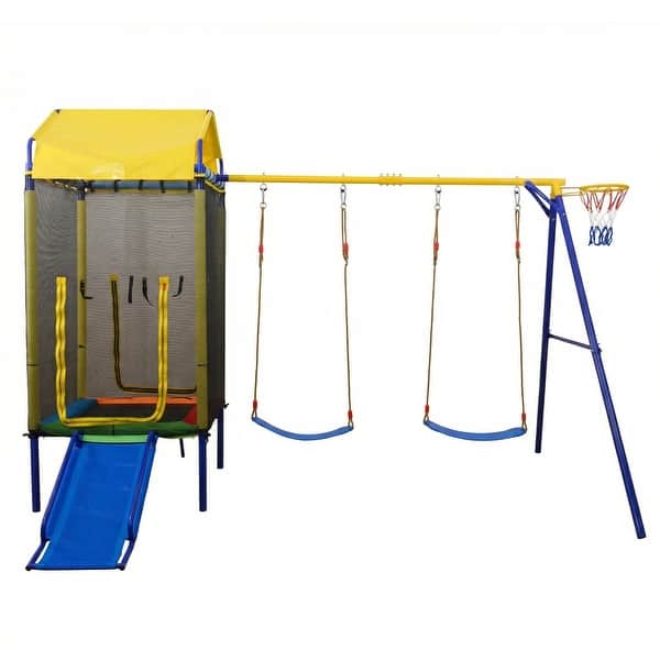 slide 1 of 1, Gymax 5-in-1 Kids Swing Set w/Trampoline Roof 2 Belt Swings Slide Kids