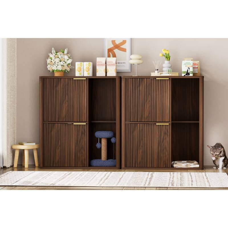 31.5" Walnut Cat Litter Cabinet with Cat Tree, Grooved Concealed Litter Furniture Featuring Dual Cat Doors and Storage Shelves