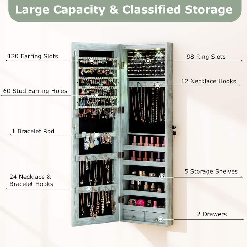 Costway Mirrored Wall & Door Mounted Jewelry Cabinet Storage Organizer - See Details