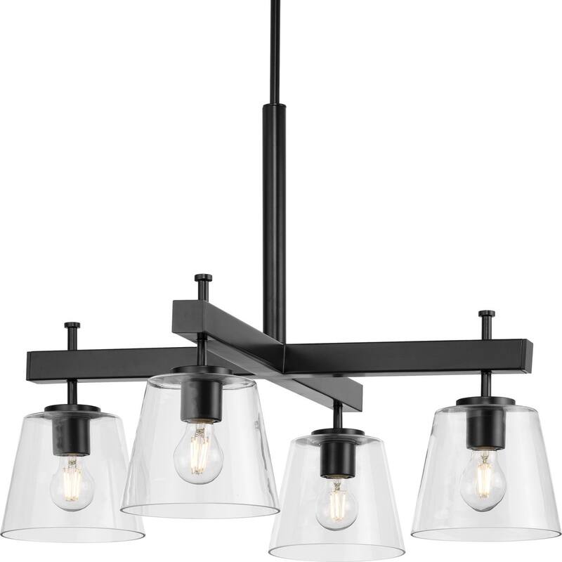 Saffert Collection Four-Light New Traditional Matte Black Clear Glass Chandelier Light - 29.38 in x 29.38 in x 22.5 in - 29.38 in x 29.38 in x 22.5 in