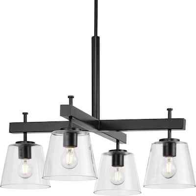 Saffert Collection Four-Light New Traditional Matte Black Clear Glass Chandelier Light - 29.38 in x 29.38 in x 22.5 in