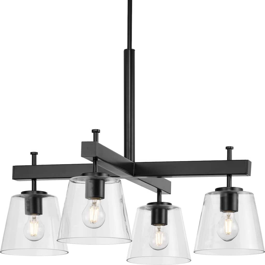 Saffert Collection Four-Light New Traditional Matte Black Clear Glass Chandelier Light - 29.38 in x 29.38 in x 22.5 in