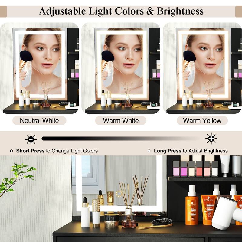 Costway Vanity Desk Set with Mirror & Lights Power Outlet Cushioned - See Details