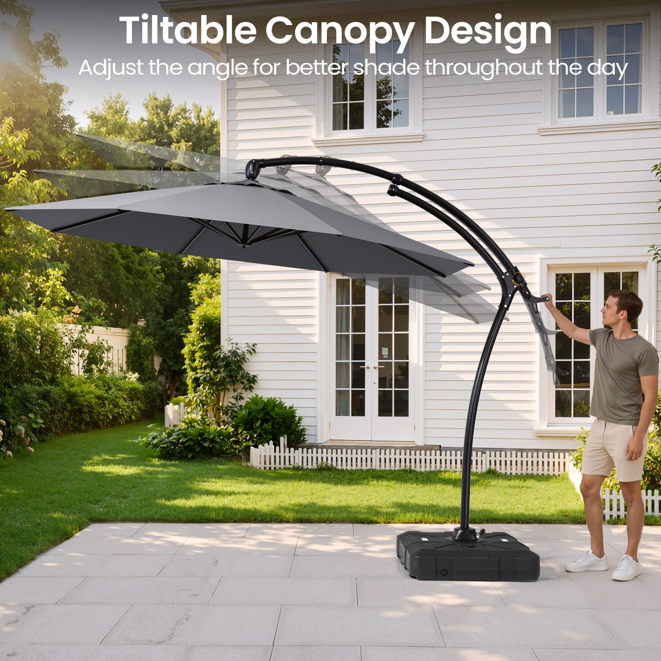 11 foot tilt patio umbrella 11' Auto Market  Cape May Wicker The polyester canopy with PU coating shields against UV 30 plus rays 11' Black Frame Market Umbrella