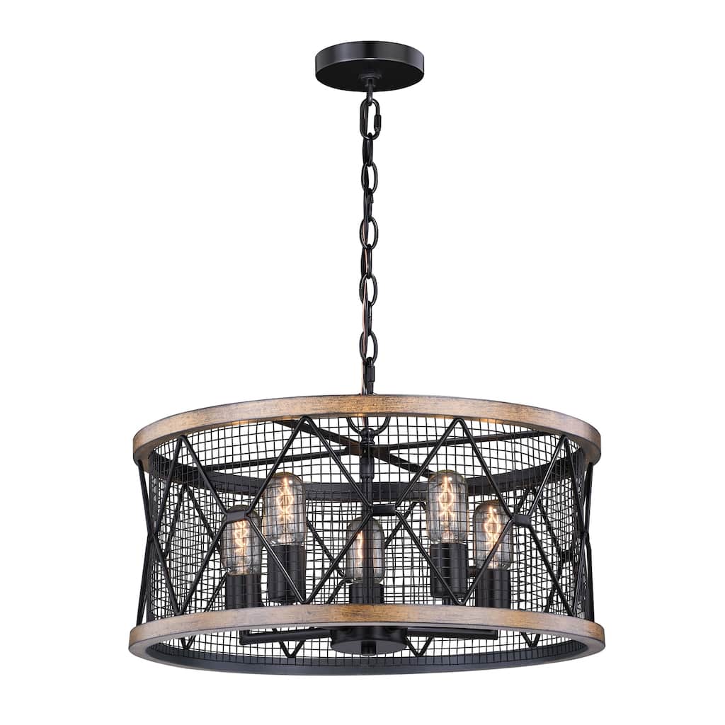 5 Light Chandelier with Black and Burnished Teak Finish for Farmhouse Dining Room or Living Room Lighting - 61.5