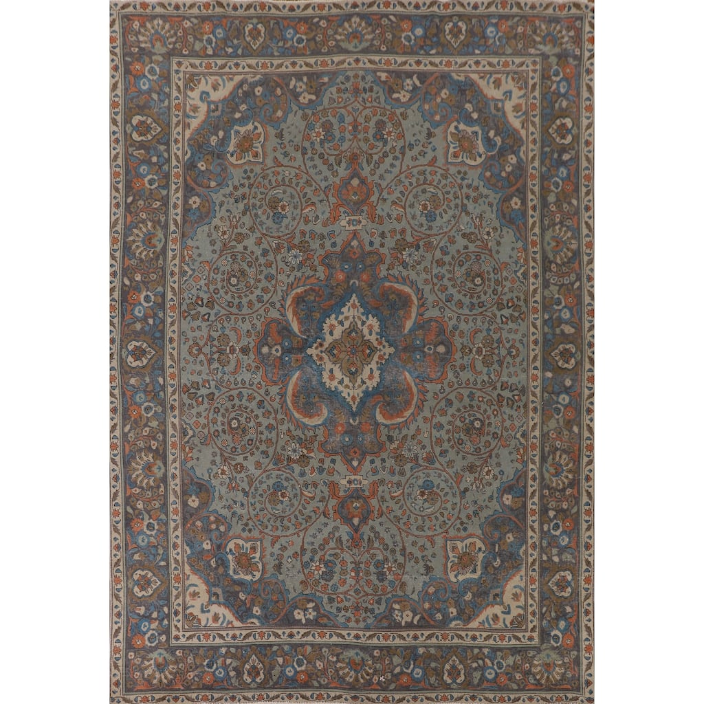 Over Dyed Blue Tabriz Persian Vintage Rug Handmade Wool Carpet - 9'10"x 12'8"